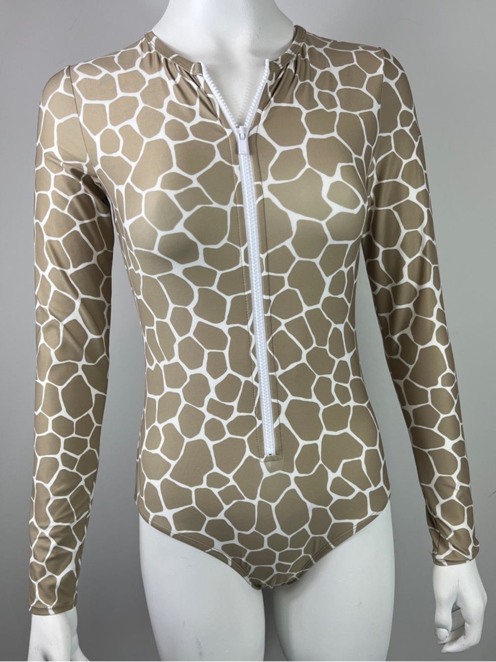 Michael Kors Beige and White Giraffe-Print Long-Sleeve One-Piece